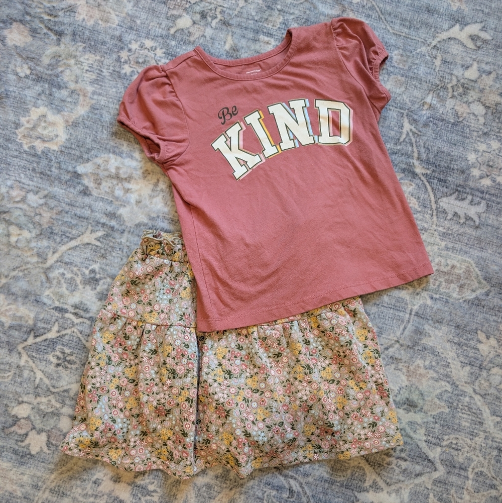 Pink 'Be Kind' T-Shirt and Floral Skirt Set